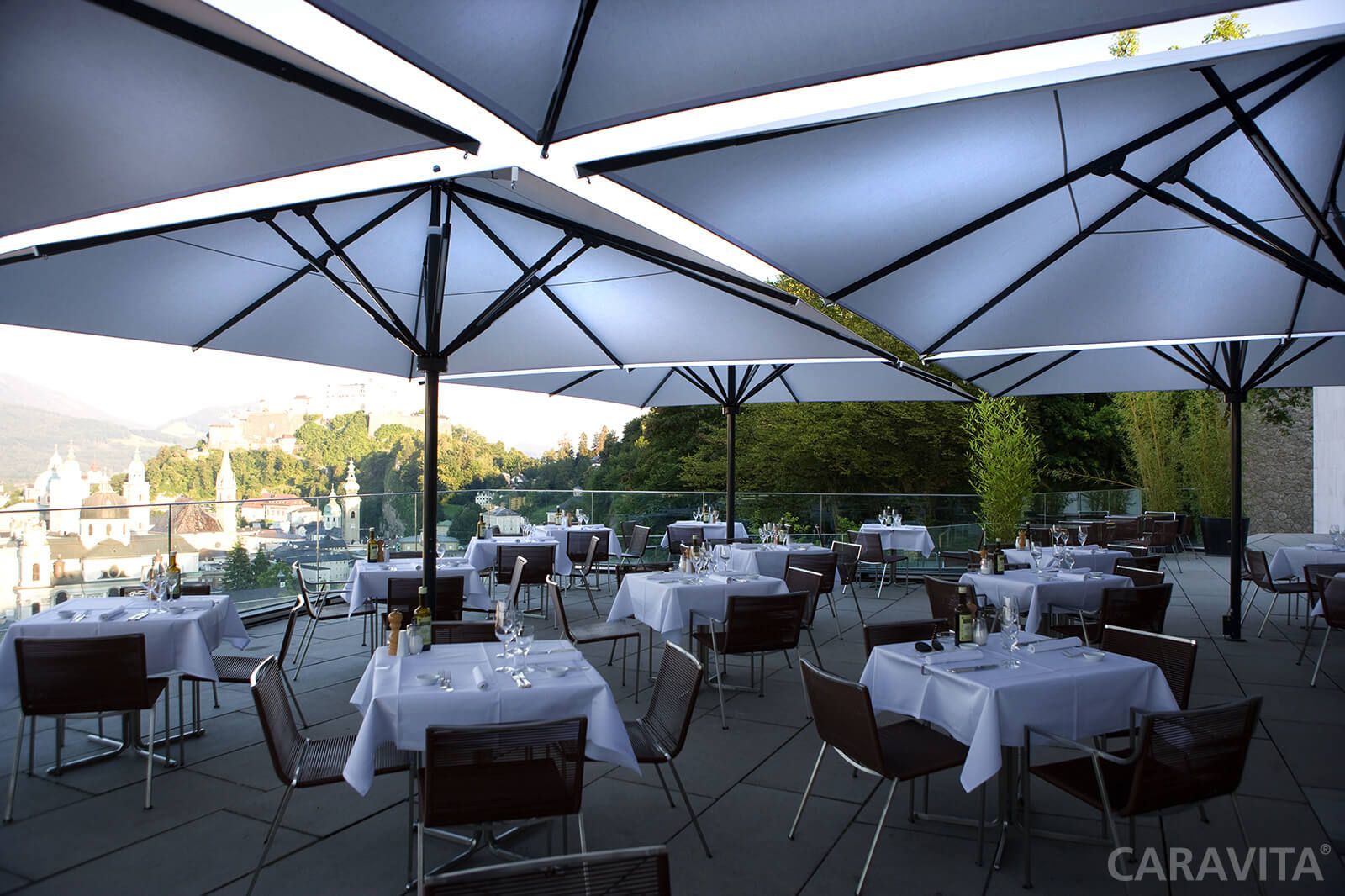 Big Ben umbrella in the courtyard of a fine dining restaurant
