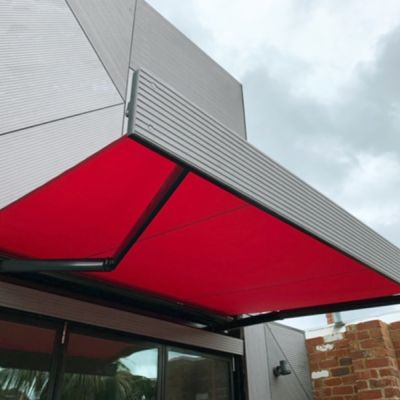 Recessed awnings with red fabric