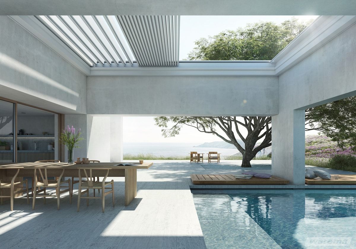 L70 retracted open over an outdoor pool