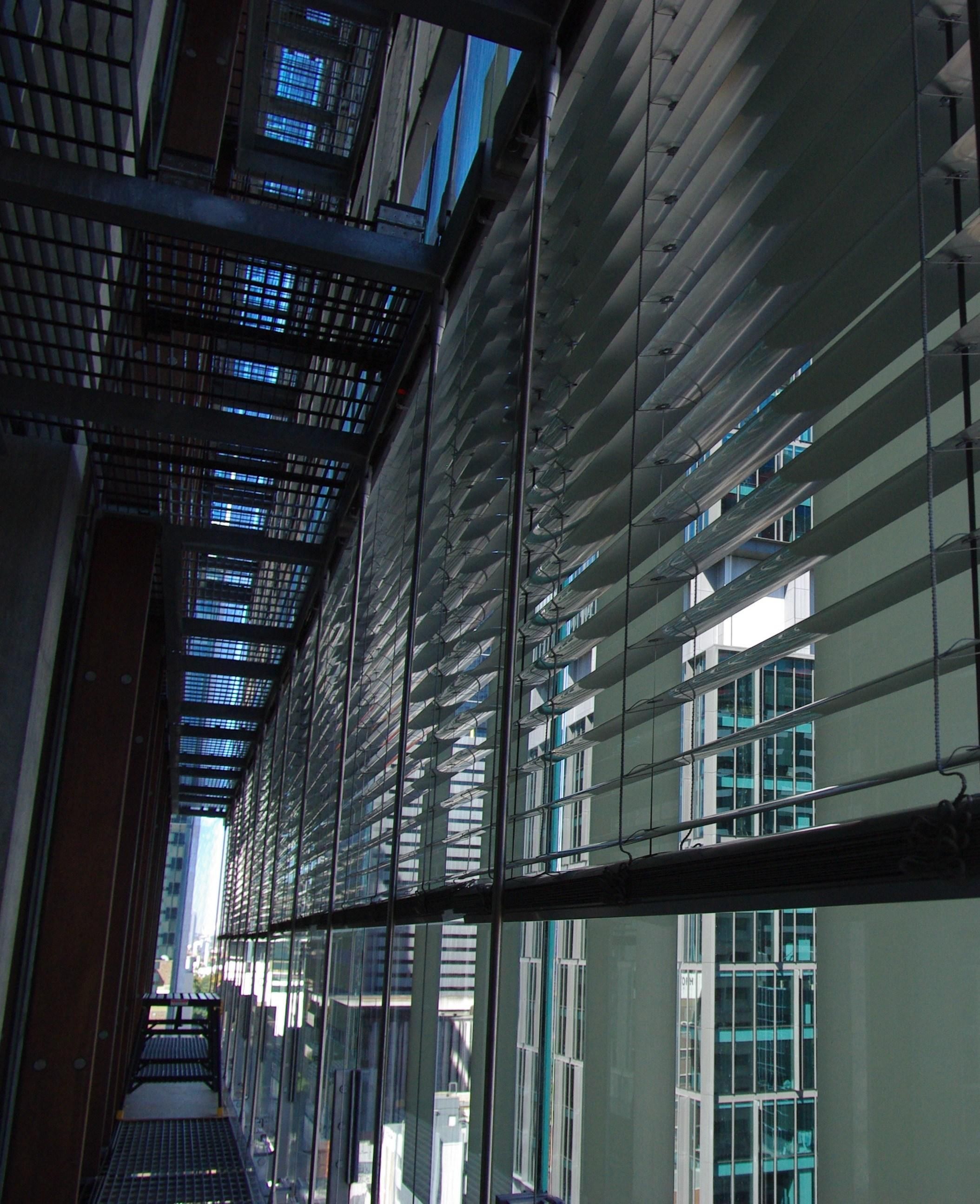 Internal shot of EVBs on the windows of the Brisbane Surpreme Court, QLD